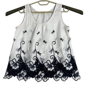 Ganji Tank Top Women Size S Blue White Floral Sleeveless 100% Cotton STAIN